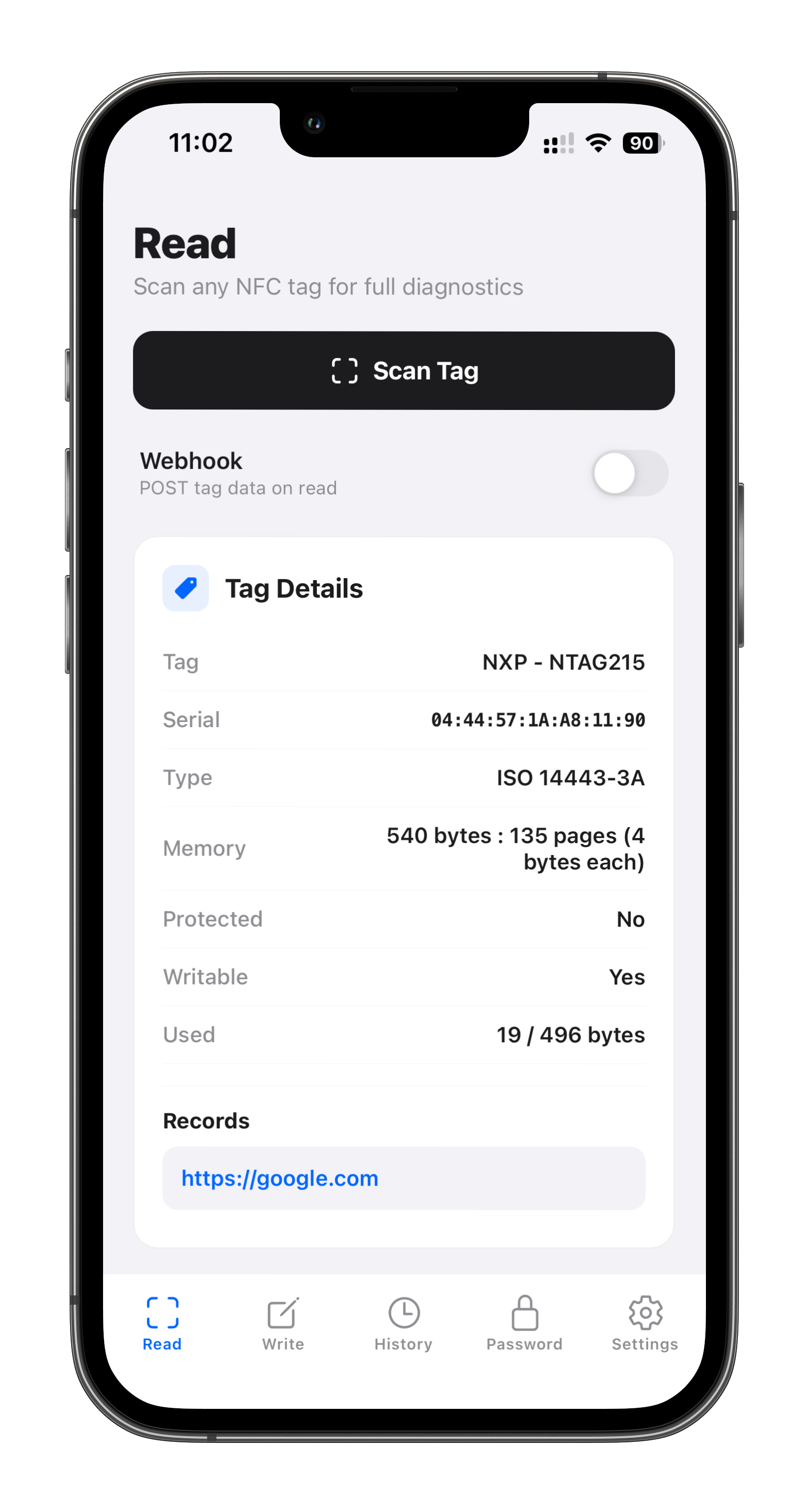 NFC Memo read tab with webhook