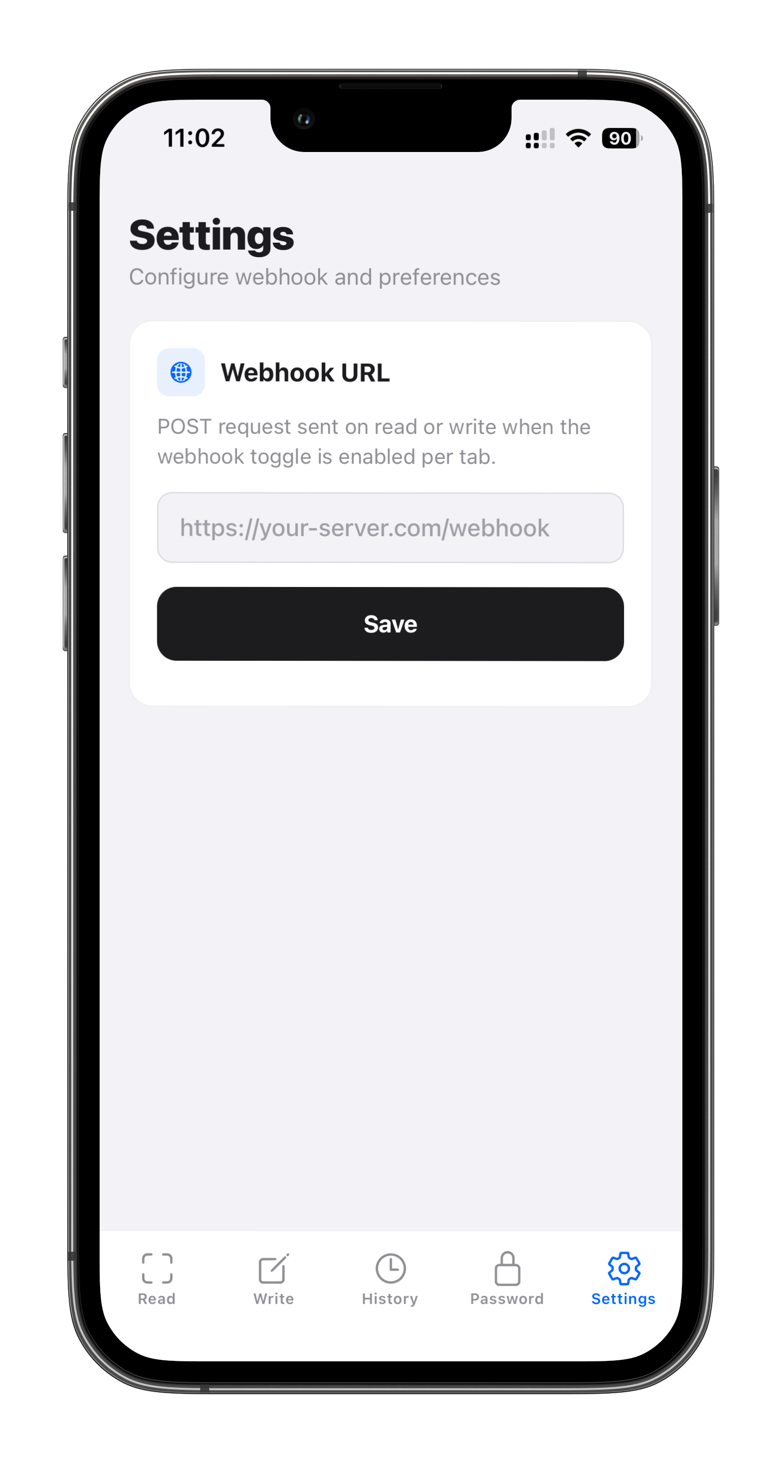 NFC Memo settings - webhook URL